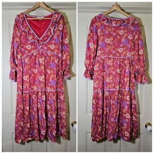 Entro Women's Dress Coral Ruffle Boho Floral Midi Dress Prairie Size Medium